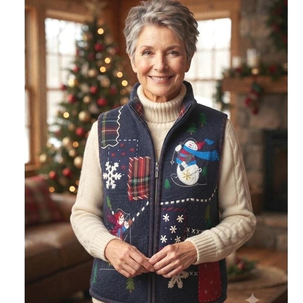 VTG Studio Joy Blue Patchwork Embroidered Snowmen Ugly Christmas Sweater Vest PL